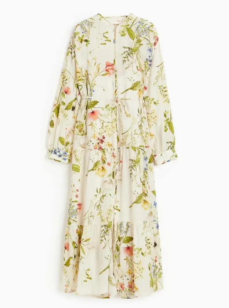 Long Sleeve Floral Crinkled Dress