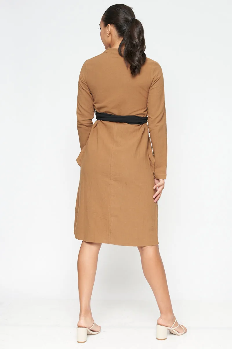 Long Sleeve V Neck Button Down Midi Coat Dress with Peplum and Contrast Black Tie (FL19C959)