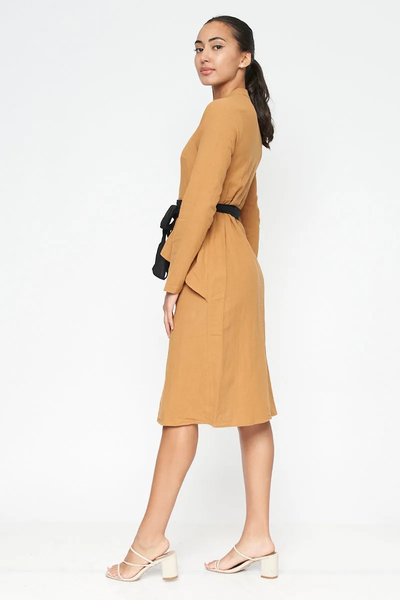 Long Sleeve V Neck Button Down Midi Coat Dress with Peplum and Contrast Black Tie (FL19C959)