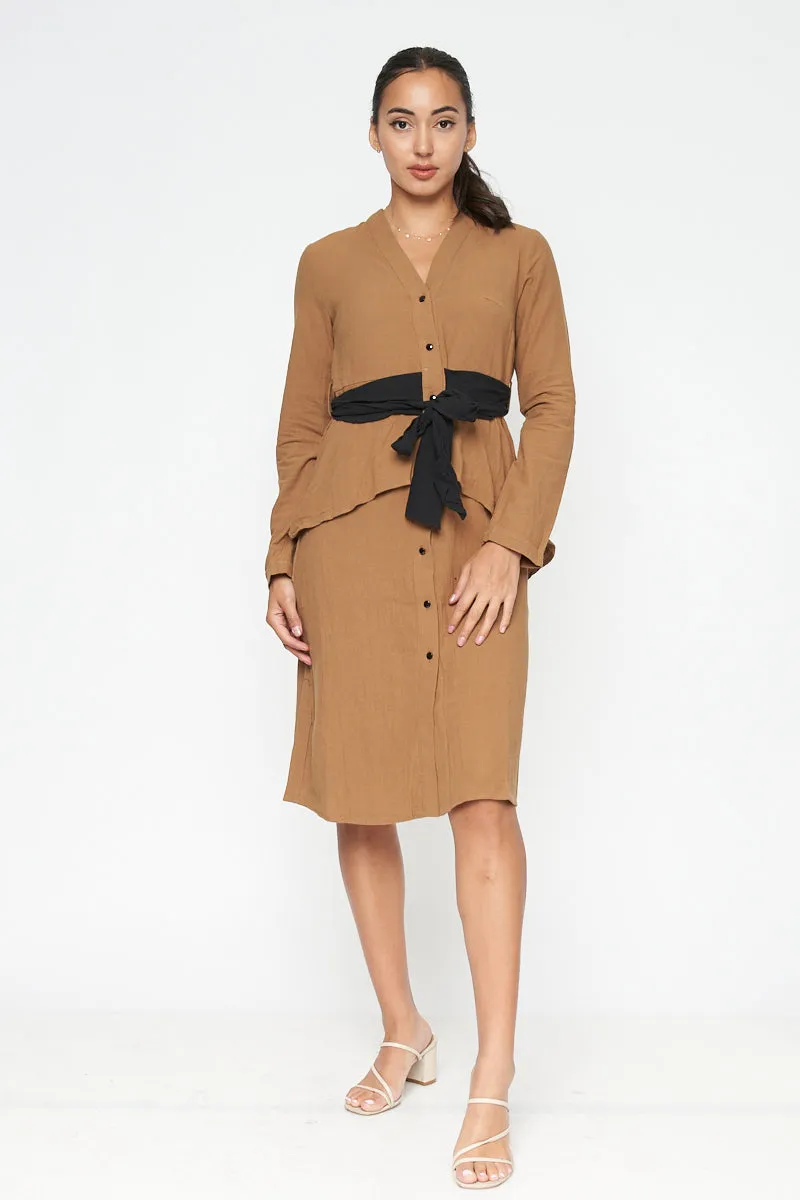 Long Sleeve V Neck Button Down Midi Coat Dress with Peplum and Contrast Black Tie (FL19C959)