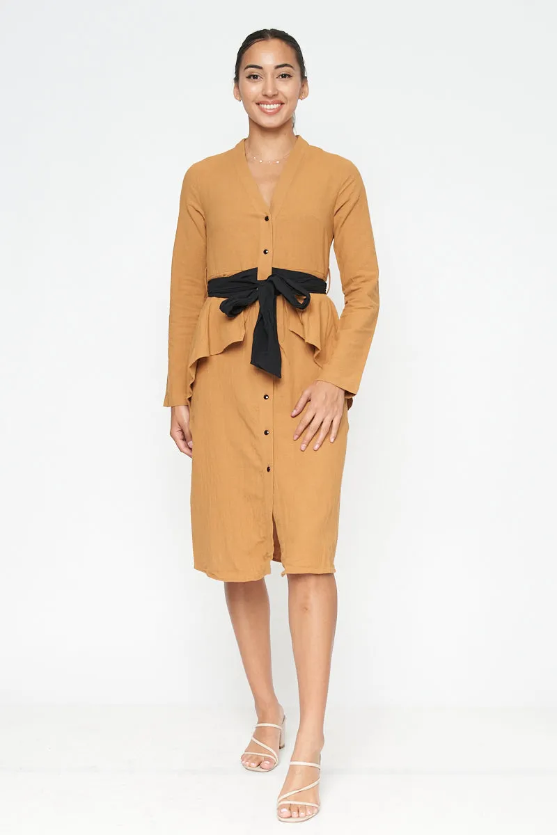 Long Sleeve V Neck Button Down Midi Coat Dress with Peplum and Contrast Black Tie (FL19C959)