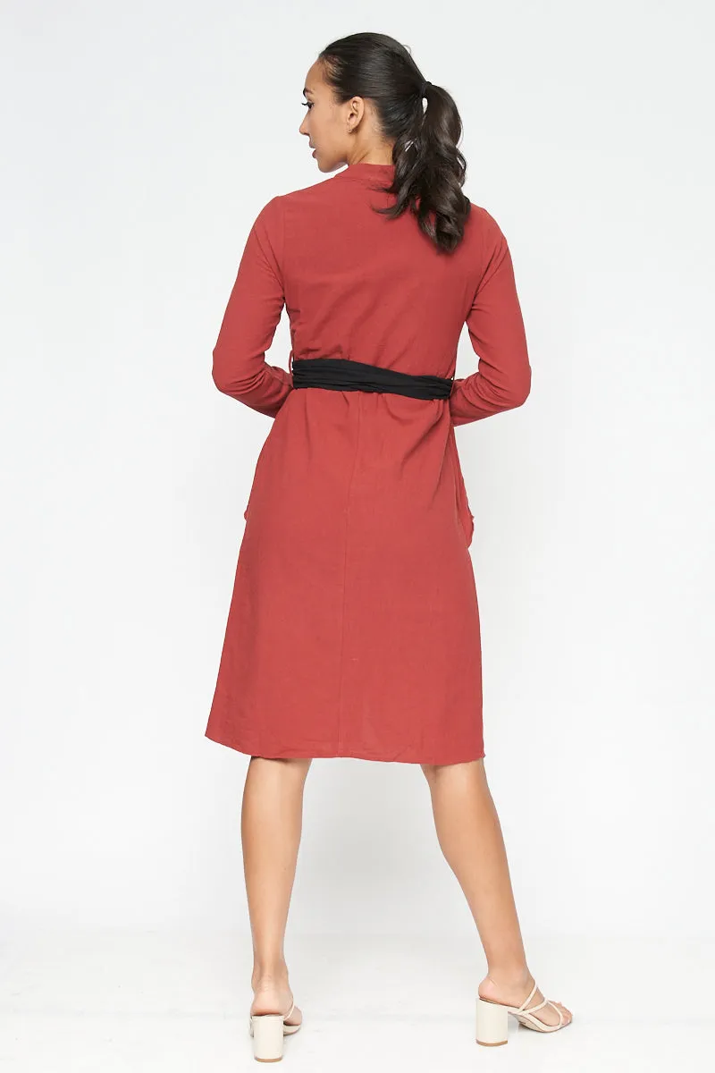 Long Sleeve V Neck Button Down Midi Coat Dress with Peplum and Contrast Black Tie (FL19C959)