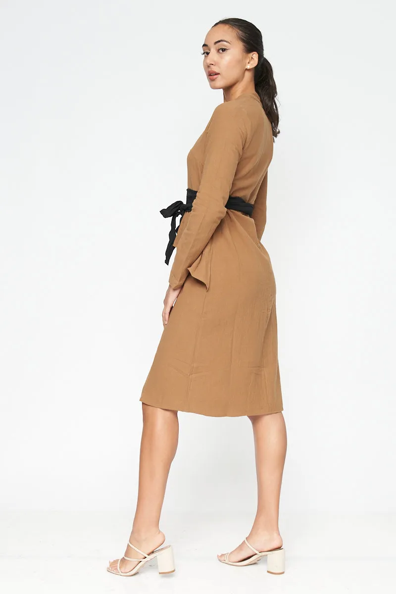 Long Sleeve V Neck Button Down Midi Coat Dress with Peplum and Contrast Black Tie (FL19C959)