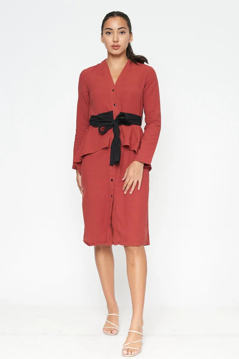 Long Sleeve V Neck Button Down Midi Coat Dress with Peplum and Contrast Black Tie (FL19C959)