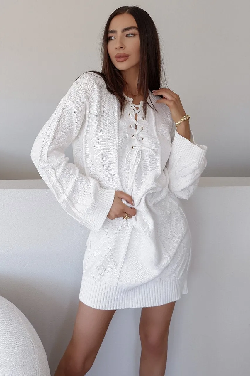 LOUNGE AROUND KNIT DRESS - WHITE