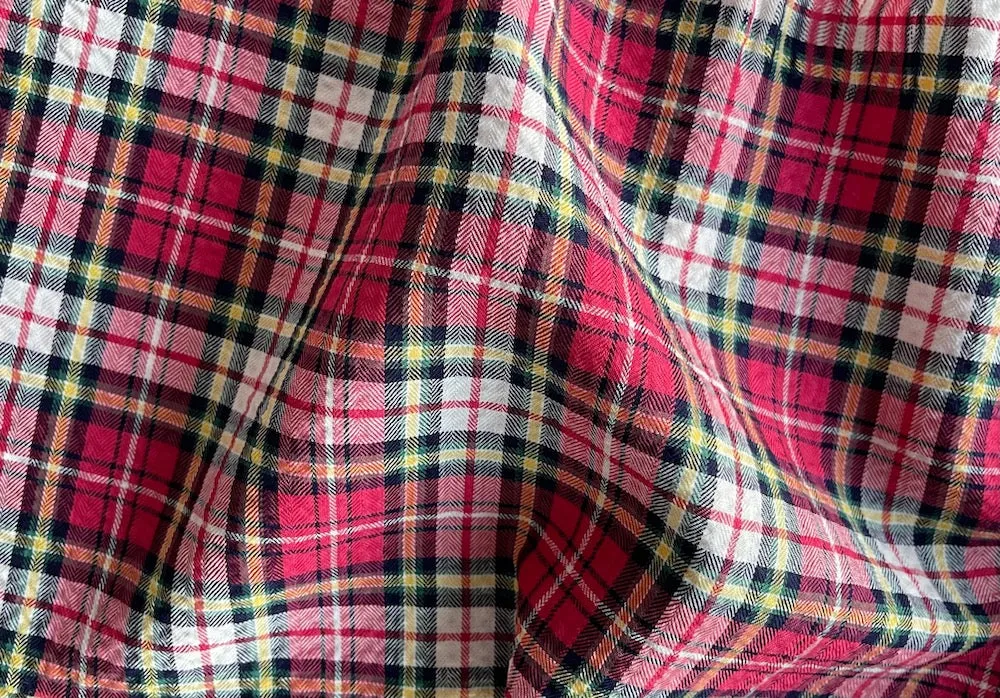 Luxurious Soft Carmine, Pale Amber, Black & White Plaid Cotton Seersucker (Made in Italy)