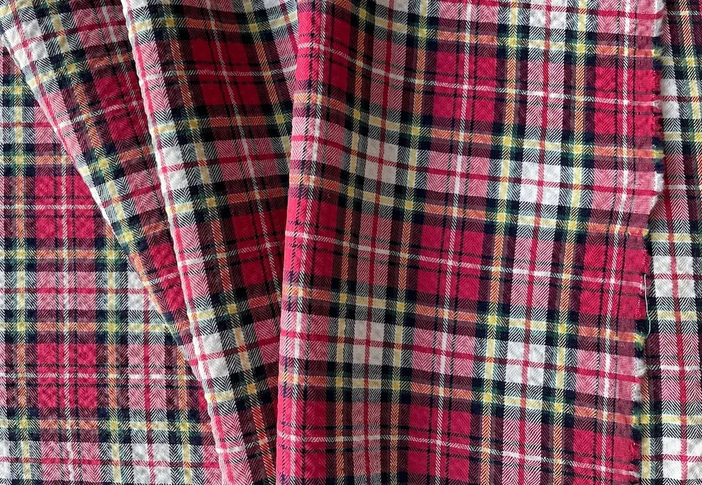 Luxurious Soft Carmine, Pale Amber, Black & White Plaid Cotton Seersucker (Made in Italy)