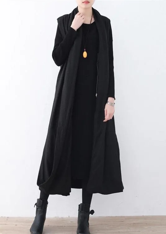 Luxury black woolen long coat oversized asymmetric hem maxi coat women sleeveless long jackets