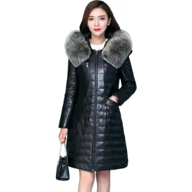 Luxury Genuine Sheepskin Leather Suede Down Parkas Coat Jacket Fox Fur Hoody Autumn Winter Women Warm Outerwear Coats