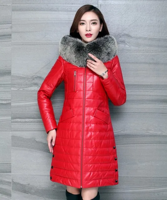 Luxury Genuine Sheepskin Leather Suede Down Parkas Coat Jacket Fox Fur Hoody Autumn Winter Women Warm Outerwear Coats