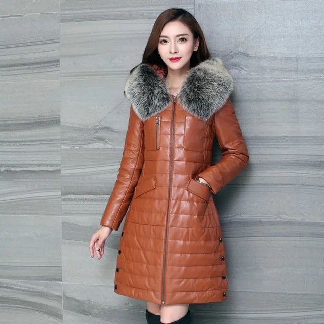 Luxury Genuine Sheepskin Leather Suede Down Parkas Coat Jacket Fox Fur Hoody Autumn Winter Women Warm Outerwear Coats