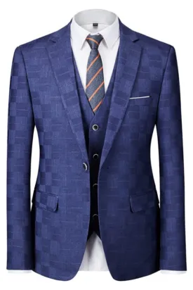 Macy Bespoke Royal Blue Notched Lapel Three-Piece Plaid Business Suit