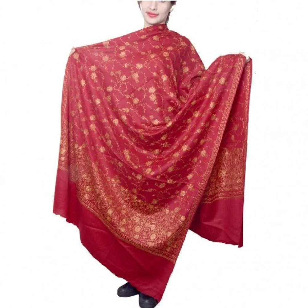 Maroon Color Sozni Work Embroidered Shawl Enriched With Heavy Jaal Pattern