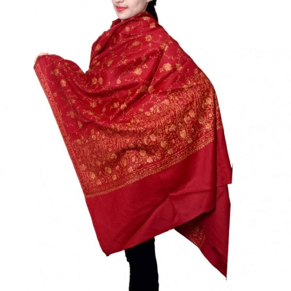 Maroon Color Sozni Work Embroidered Shawl Enriched With Heavy Jaal Pattern