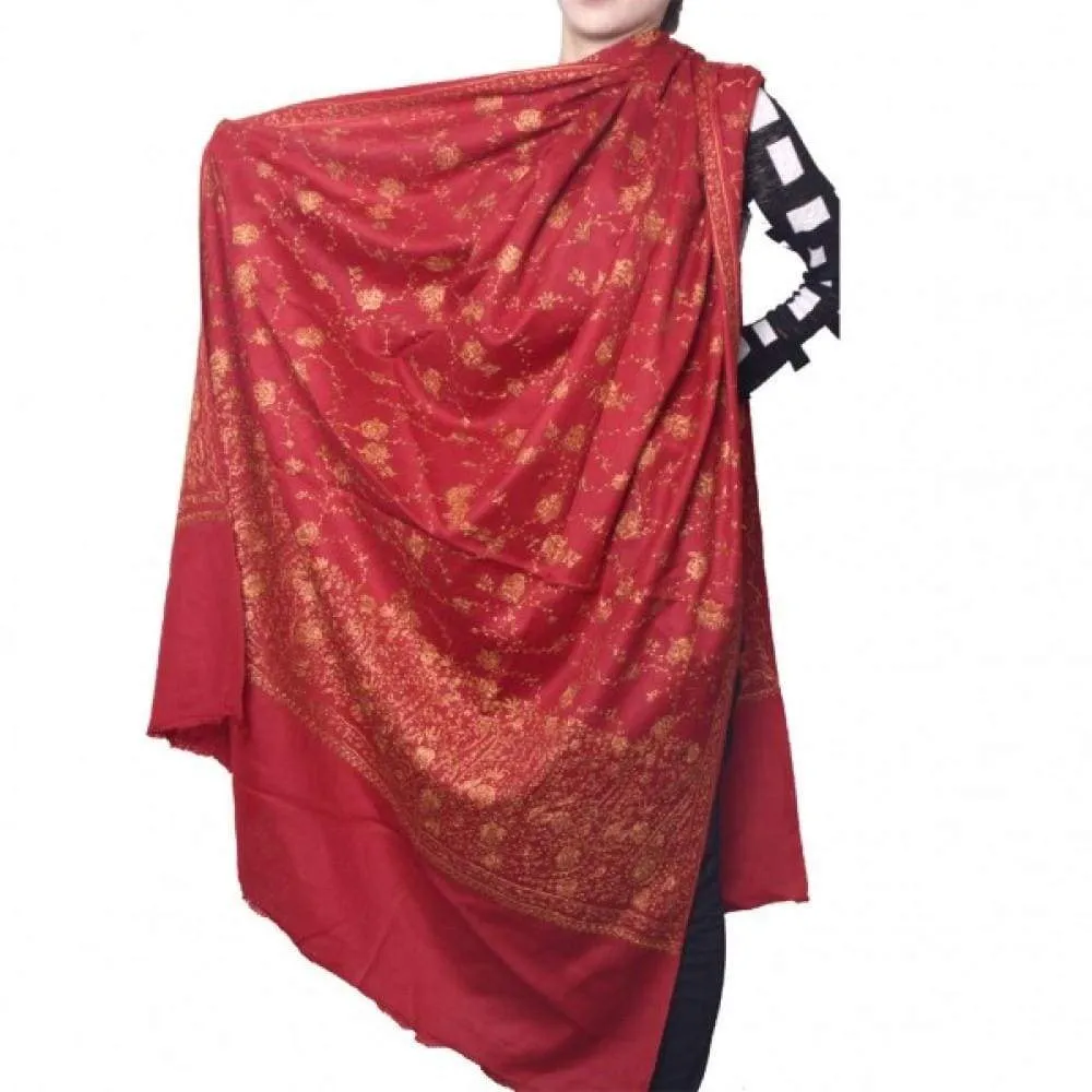 Maroon Color Sozni Work Embroidered Shawl Enriched With Heavy Jaal Pattern