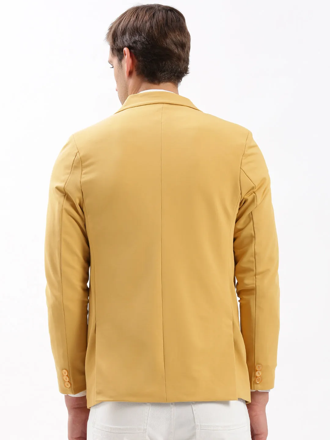 Men Notched Lapel Solid Yellow Blazer