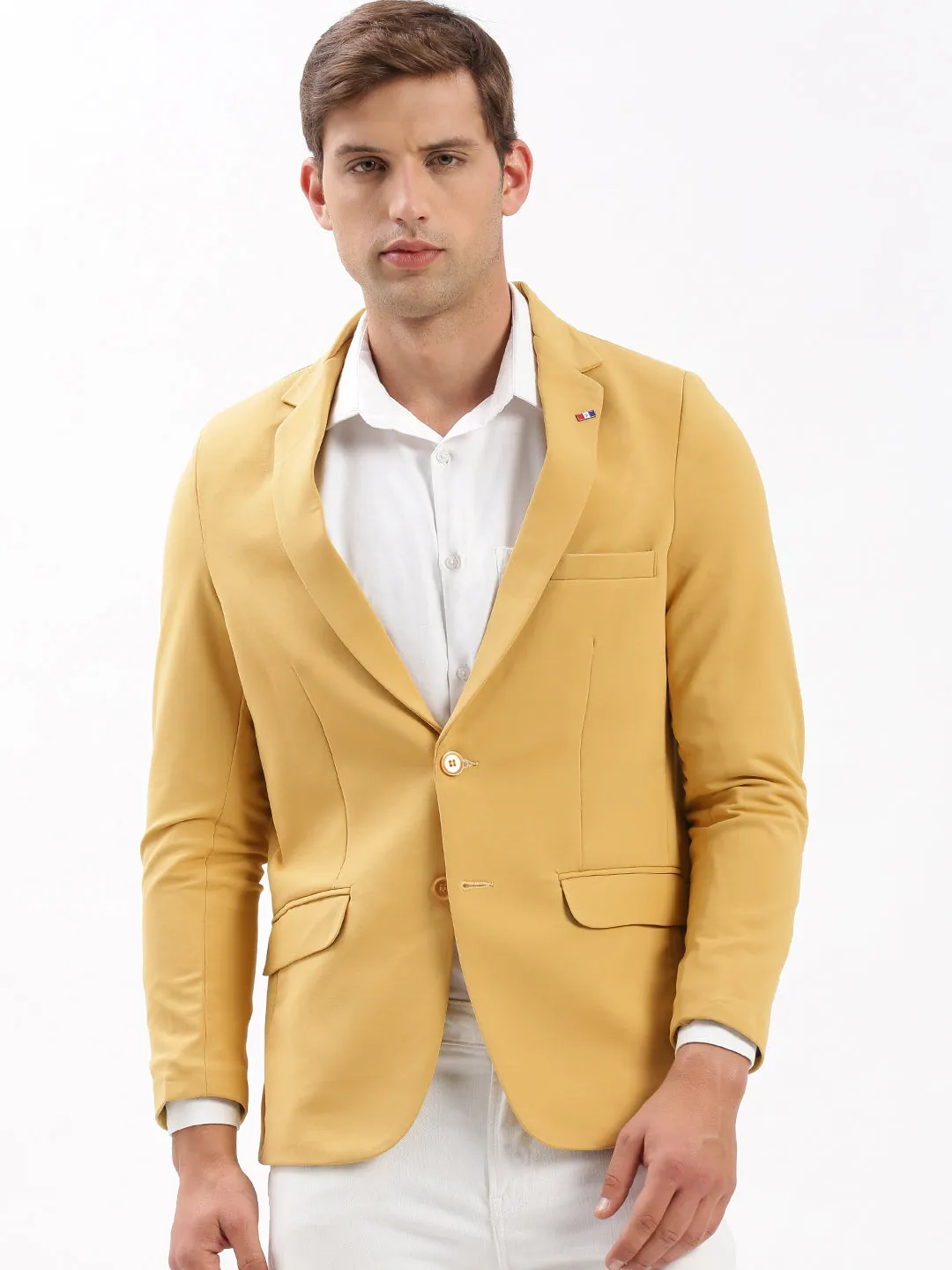 Men Notched Lapel Solid Yellow Blazer