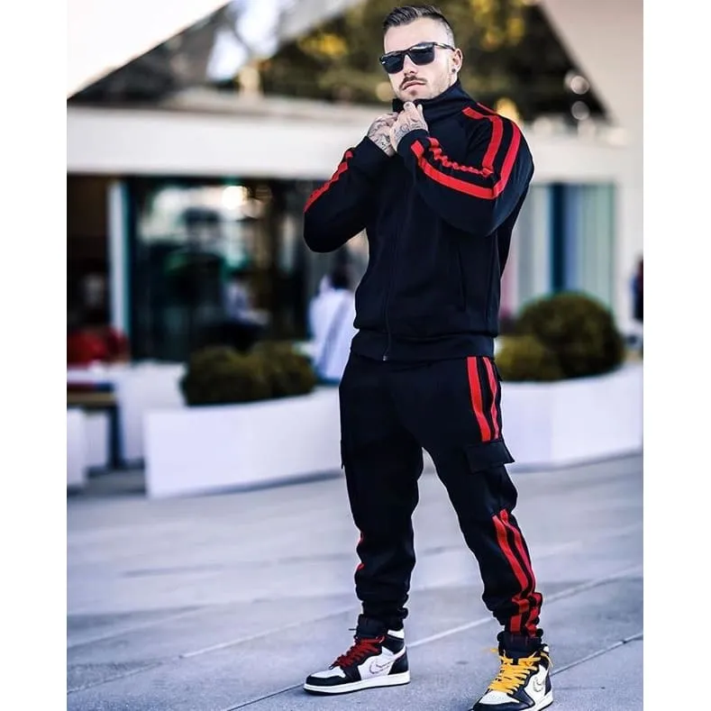 Men Side Stripe Zipper Jacket & Drawstring Cargo Pants Sports Set