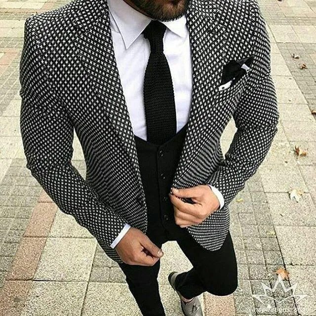 Men's Suits Black White Slim Fit 3 Piece Suit