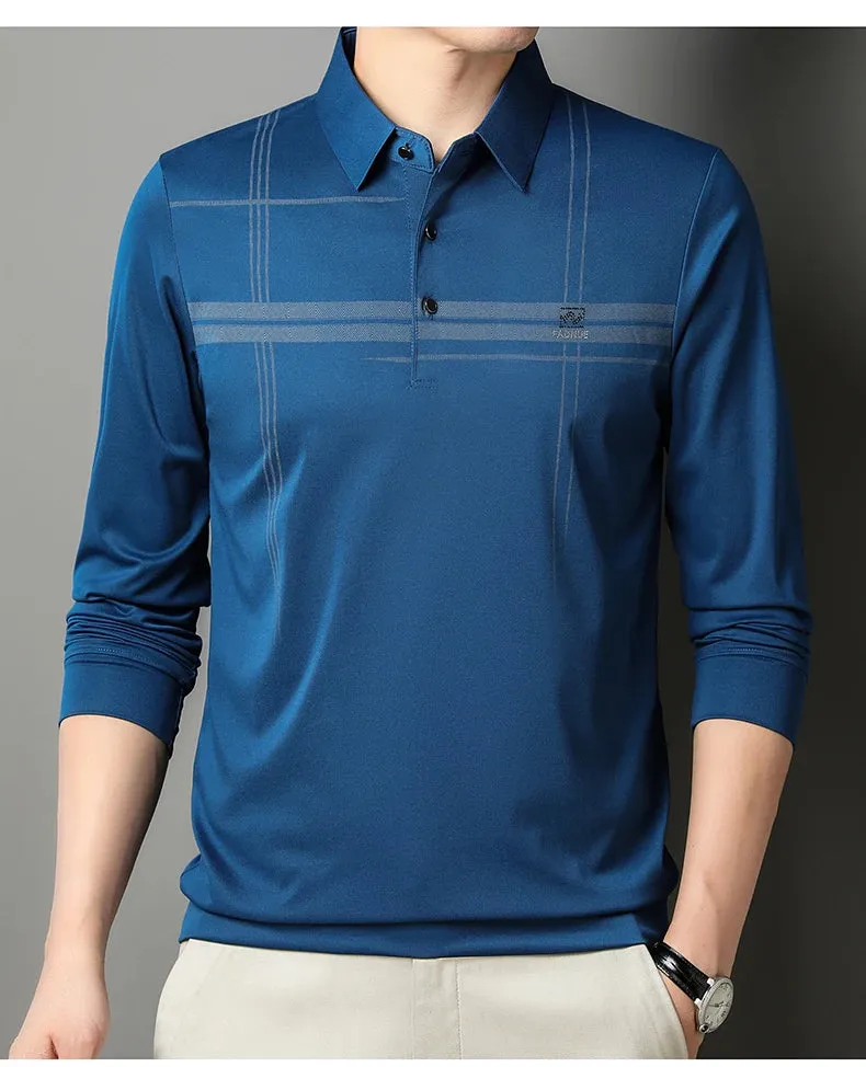 Men's  Warm  Long Sleeve Casual Polo  Business Style Stripe Printed Men's Top