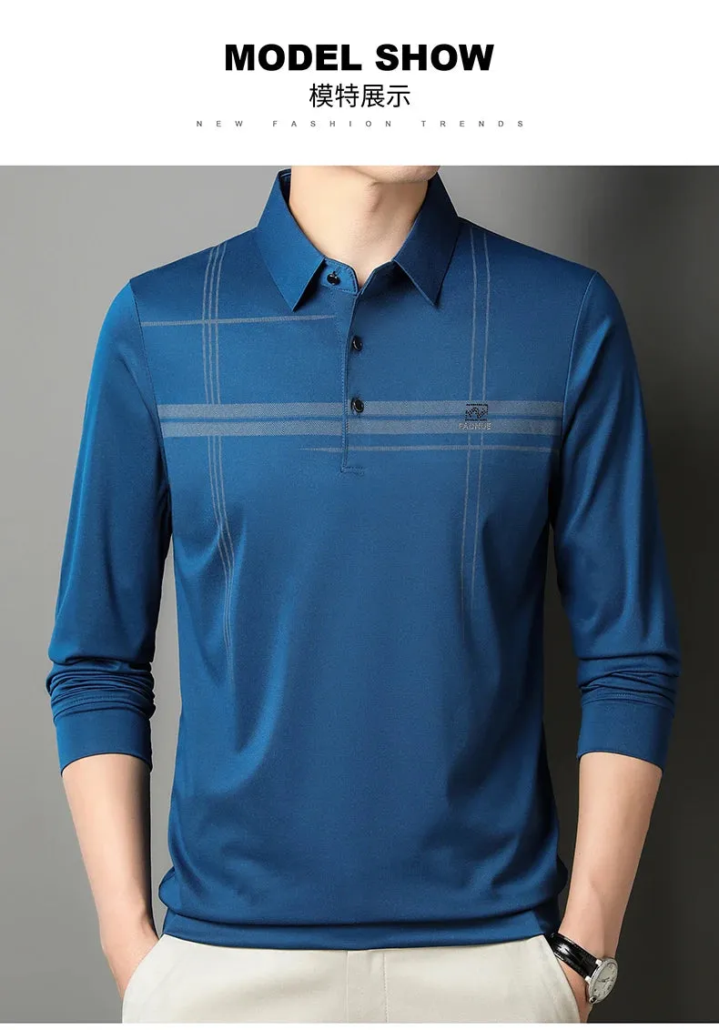 Men's  Warm  Long Sleeve Casual Polo  Business Style Stripe Printed Men's Top