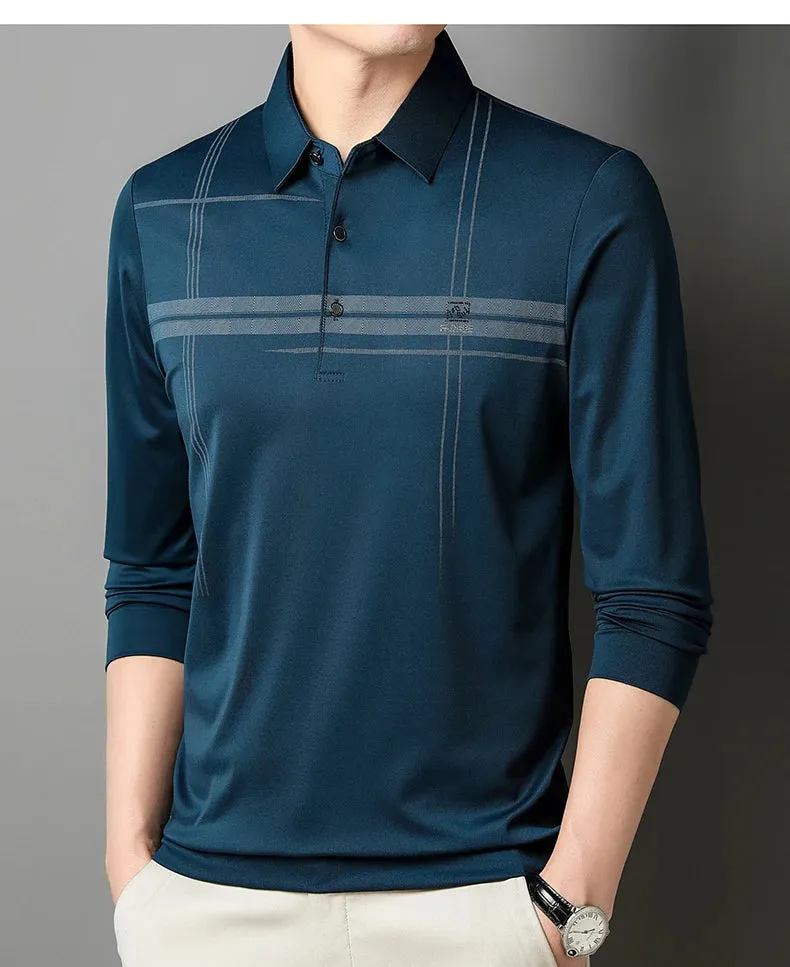 Men's  Warm  Long Sleeve Casual Polo  Business Style Stripe Printed Men's Top