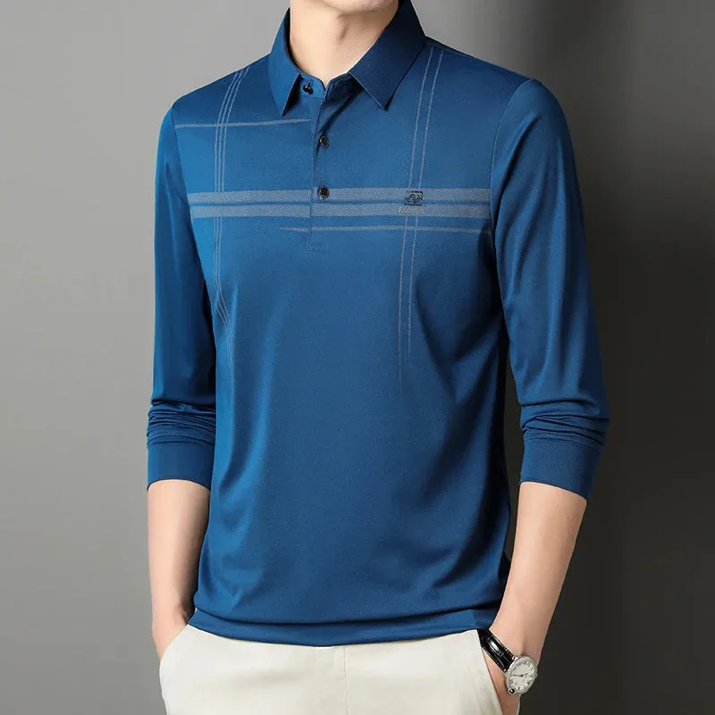 Men's  Warm  Long Sleeve Casual Polo  Business Style Stripe Printed Men's Top