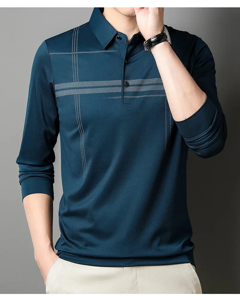 Men's  Warm  Long Sleeve Casual Polo  Business Style Stripe Printed Men's Top