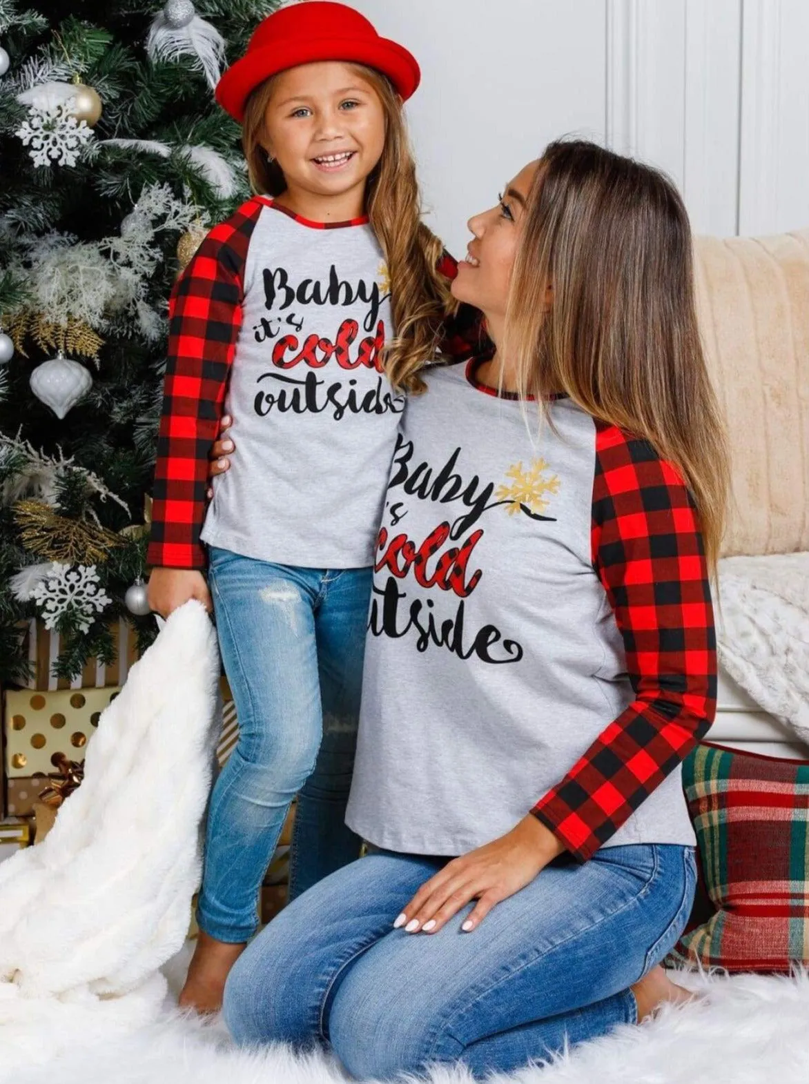 Mommy and Me Baby It's Cold Outside Plaid Raglan Top