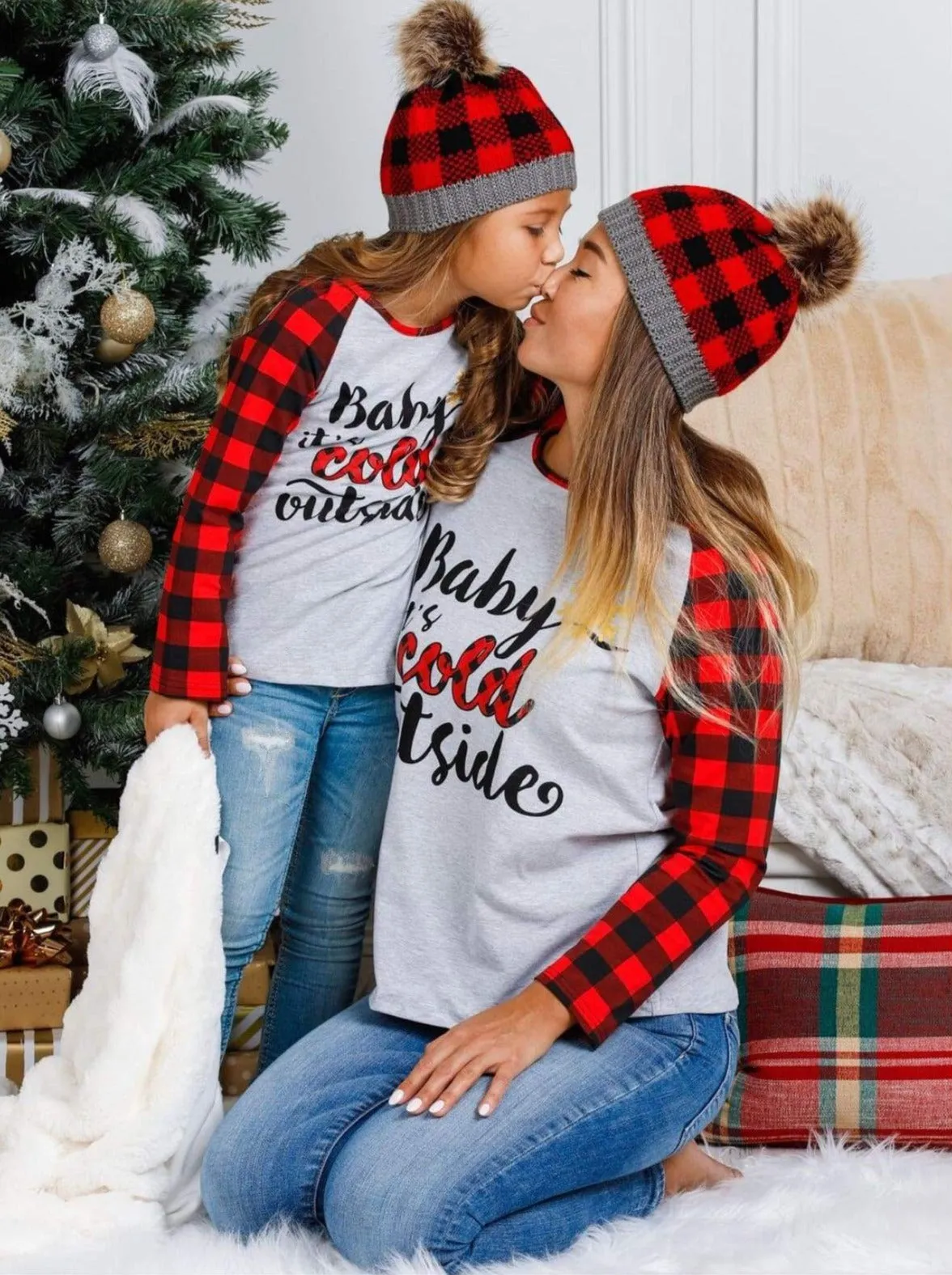 Mommy and Me Baby It's Cold Outside Plaid Raglan Top