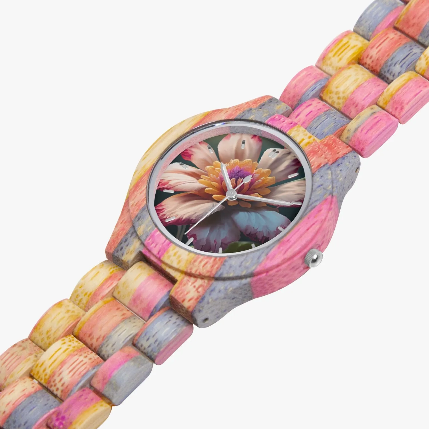 Montre en bois camouflage - Gris et rose "Fleur" (883)