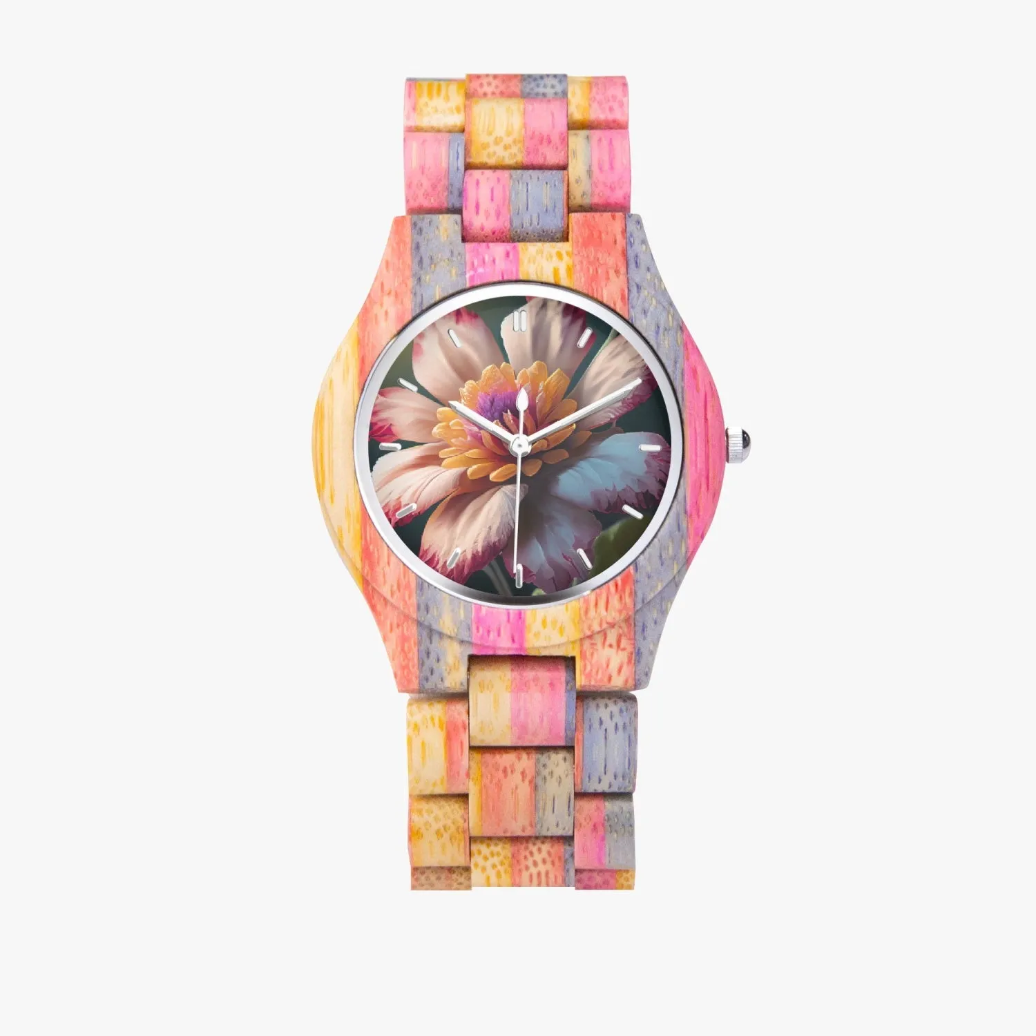 Montre en bois camouflage - Gris et rose "Fleur" (883)