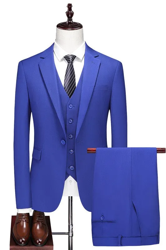 Morden Royal Blue Notch Lapel Three-Piece Business Suit Set for Men