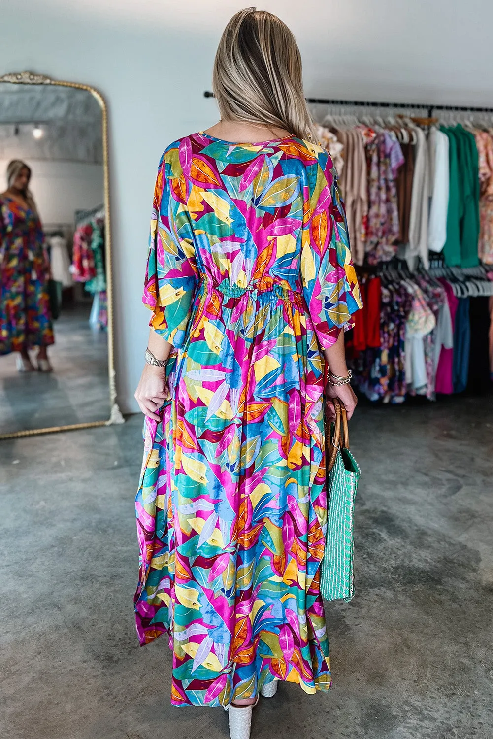 Multicolour Abstract Print High Waist V Neck Maxi Dress