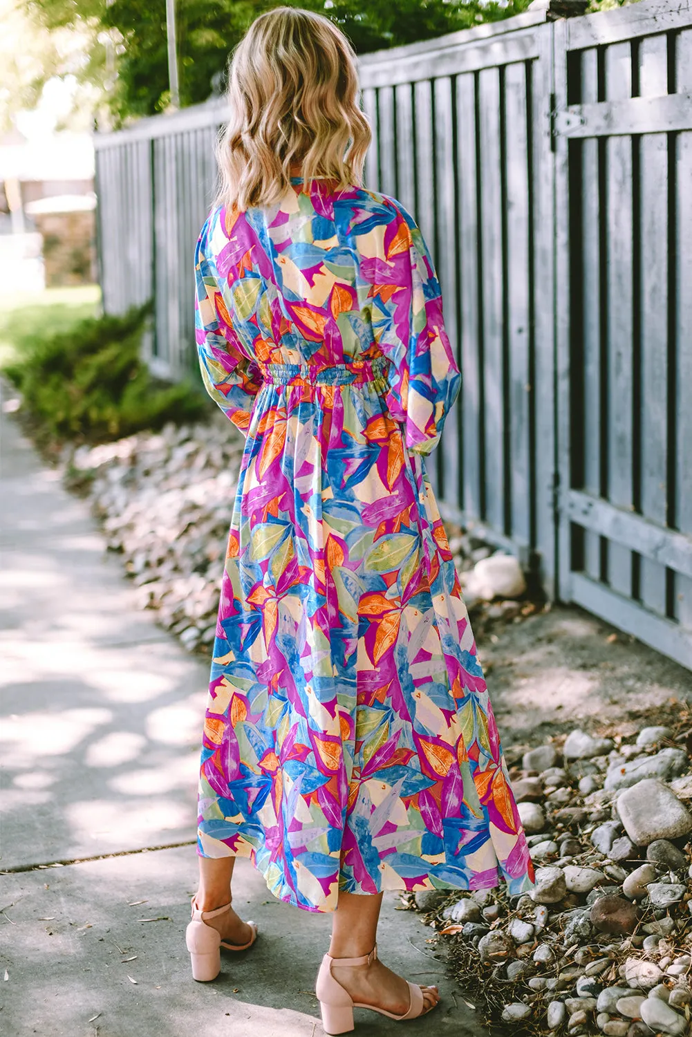 Multicolour Abstract Print High Waist V Neck Maxi Dress