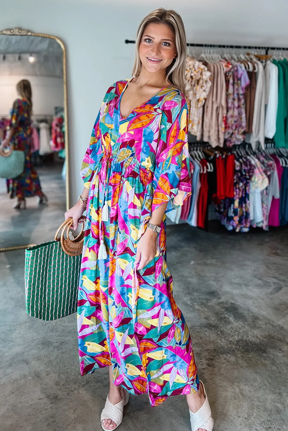 Multicolour Abstract Print High Waist V Neck Maxi Dress