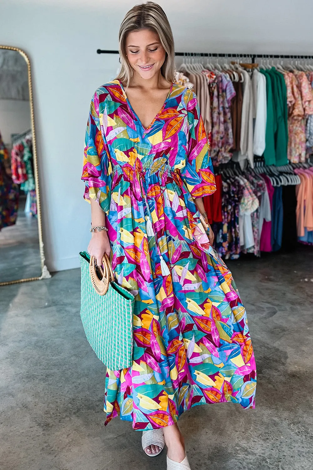 Multicolour Abstract Print High Waist V Neck Maxi Dress