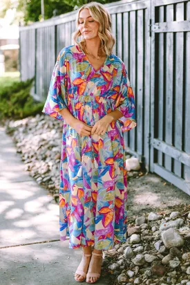 Multicolour Abstract Print High Waist V Neck Maxi Dress