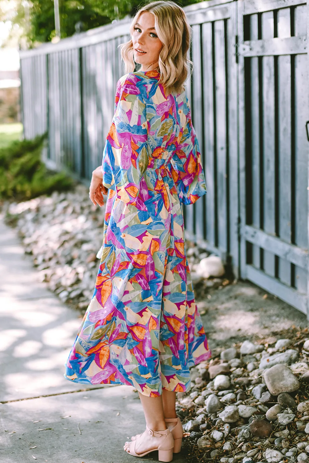 Multicolour Abstract Print High Waist V Neck Maxi Dress