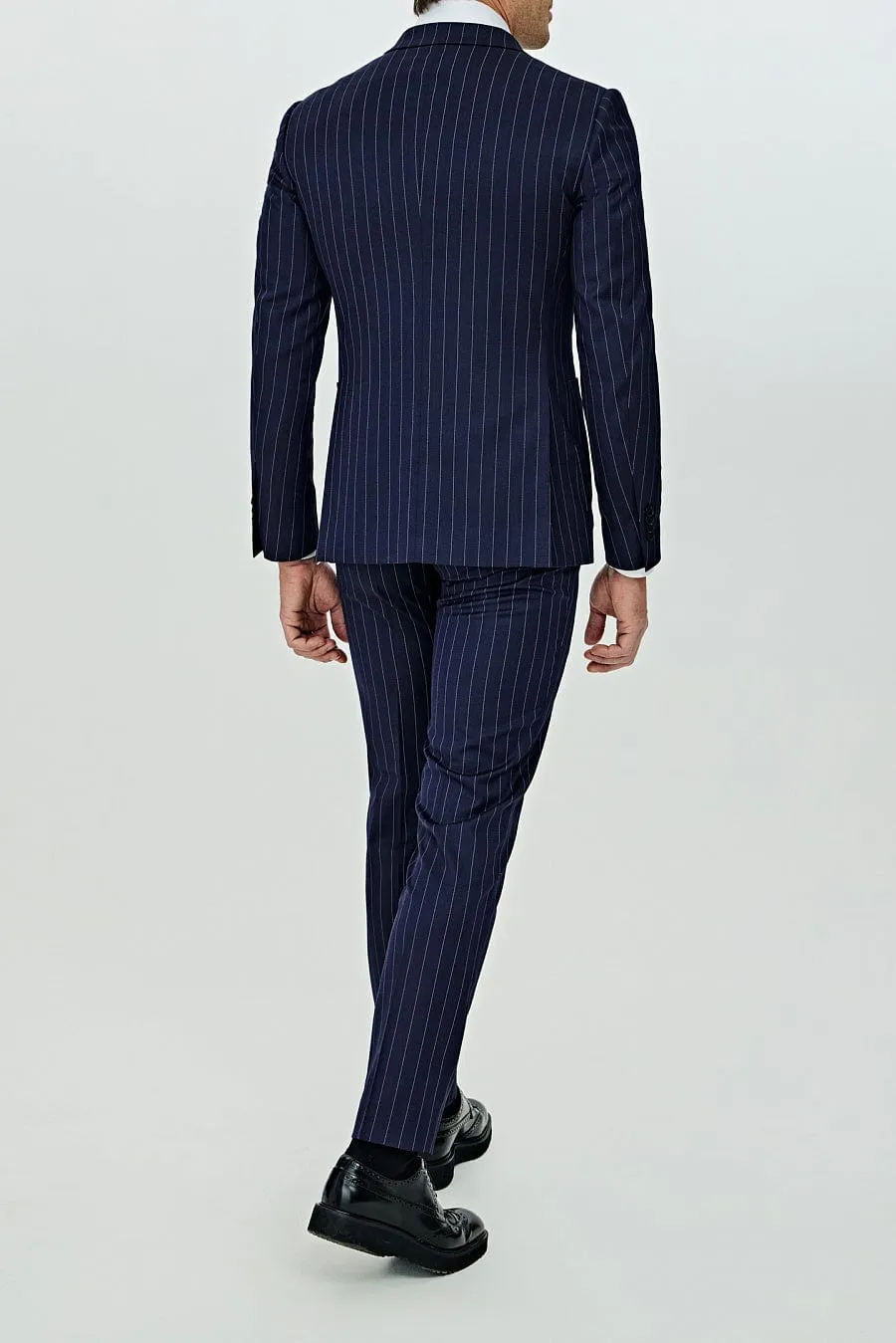 Navy 2 Pece Business Double Breasted Notch Lapel Striped Men's Suit (Blazer Pants)