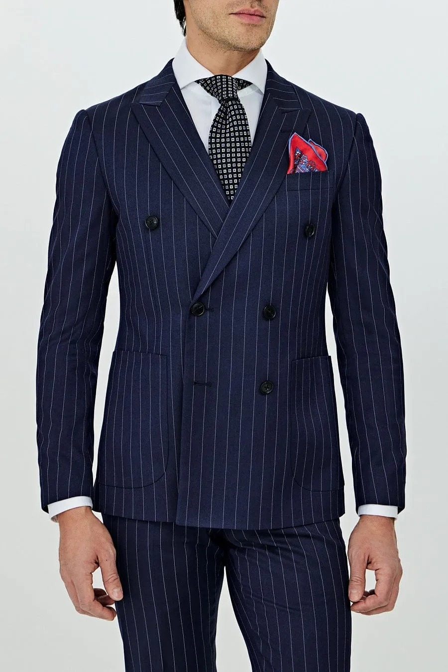 Navy 2 Pece Business Double Breasted Notch Lapel Striped Men's Suit (Blazer Pants)