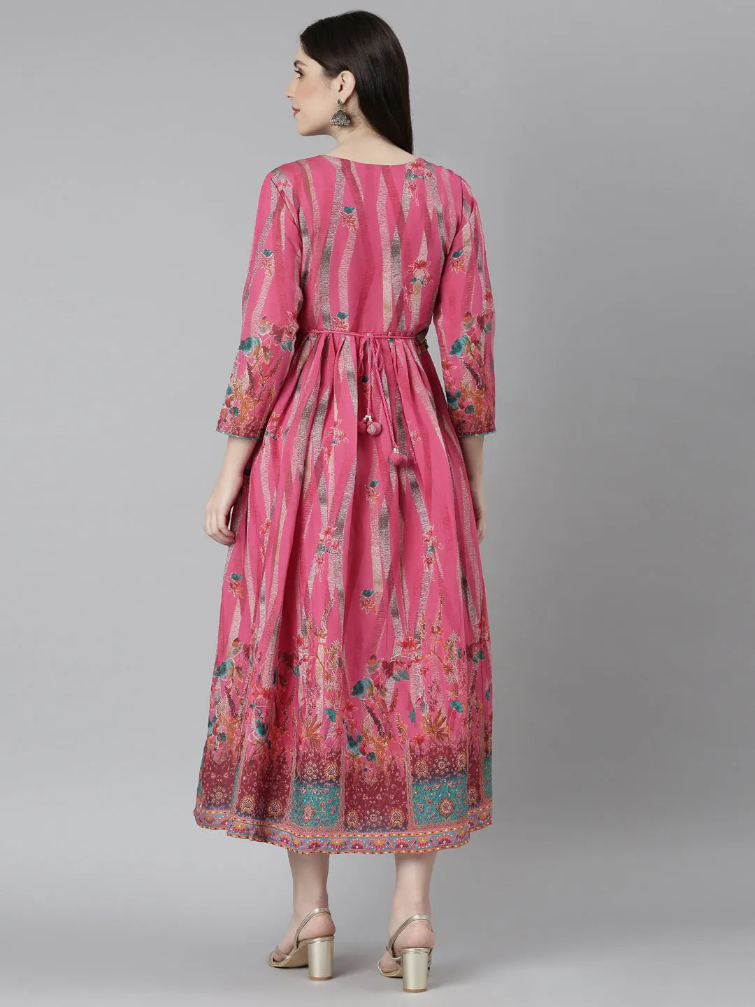 Neeru's Pink Flared Casual Floral Dresses