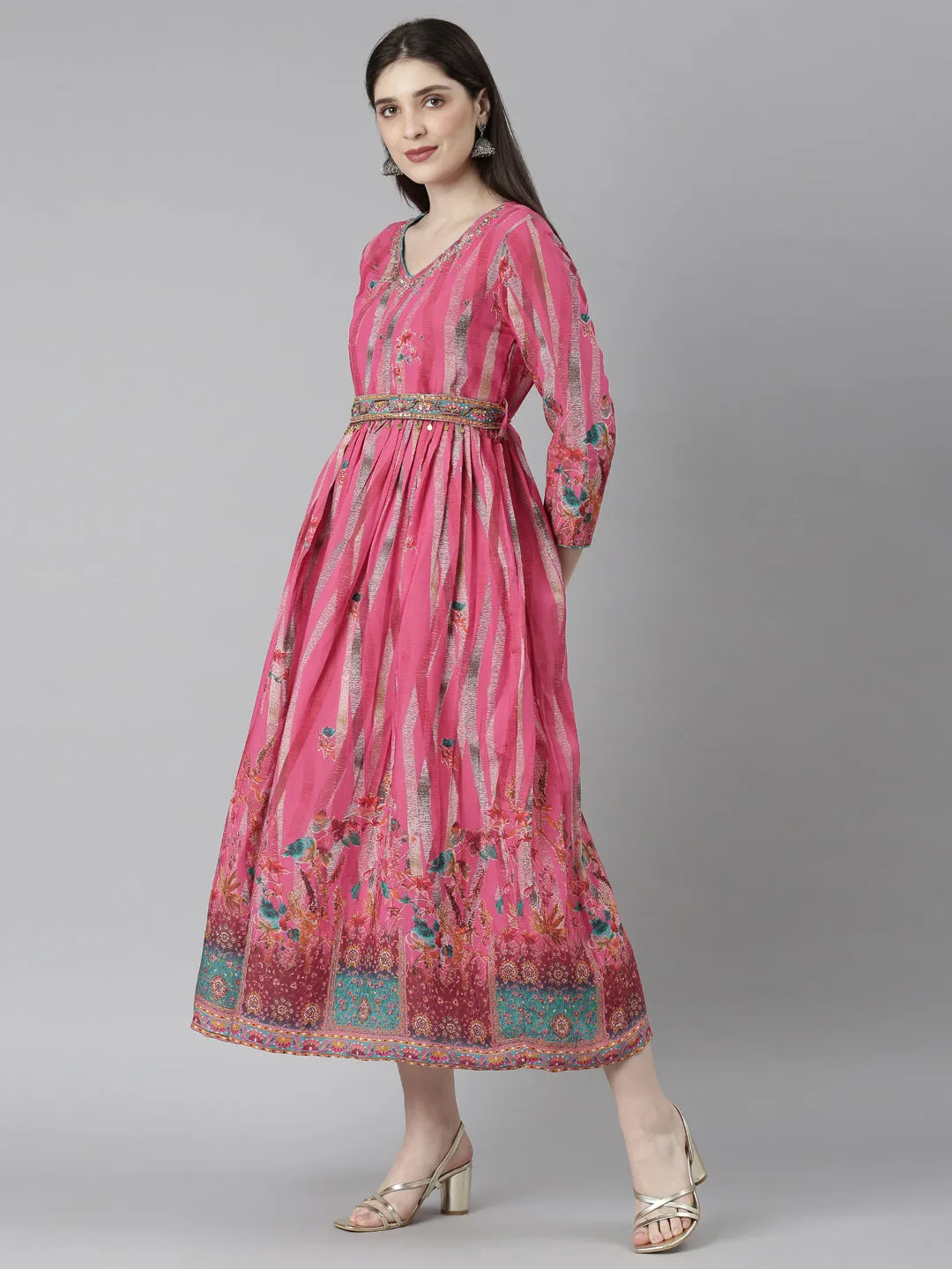 Neeru's Pink Flared Casual Floral Dresses