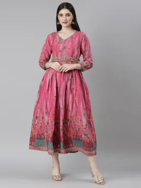 Neeru's Pink Flared Casual Floral Dresses