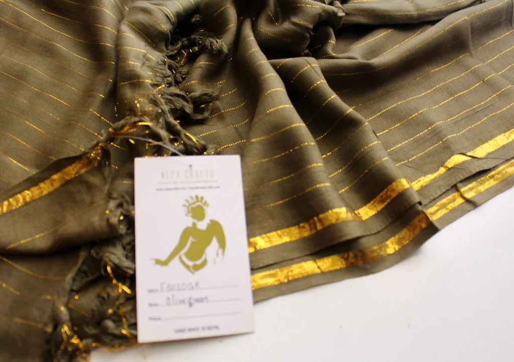 Olive Green Plain Jari Cotton Scarf with Golden Lining