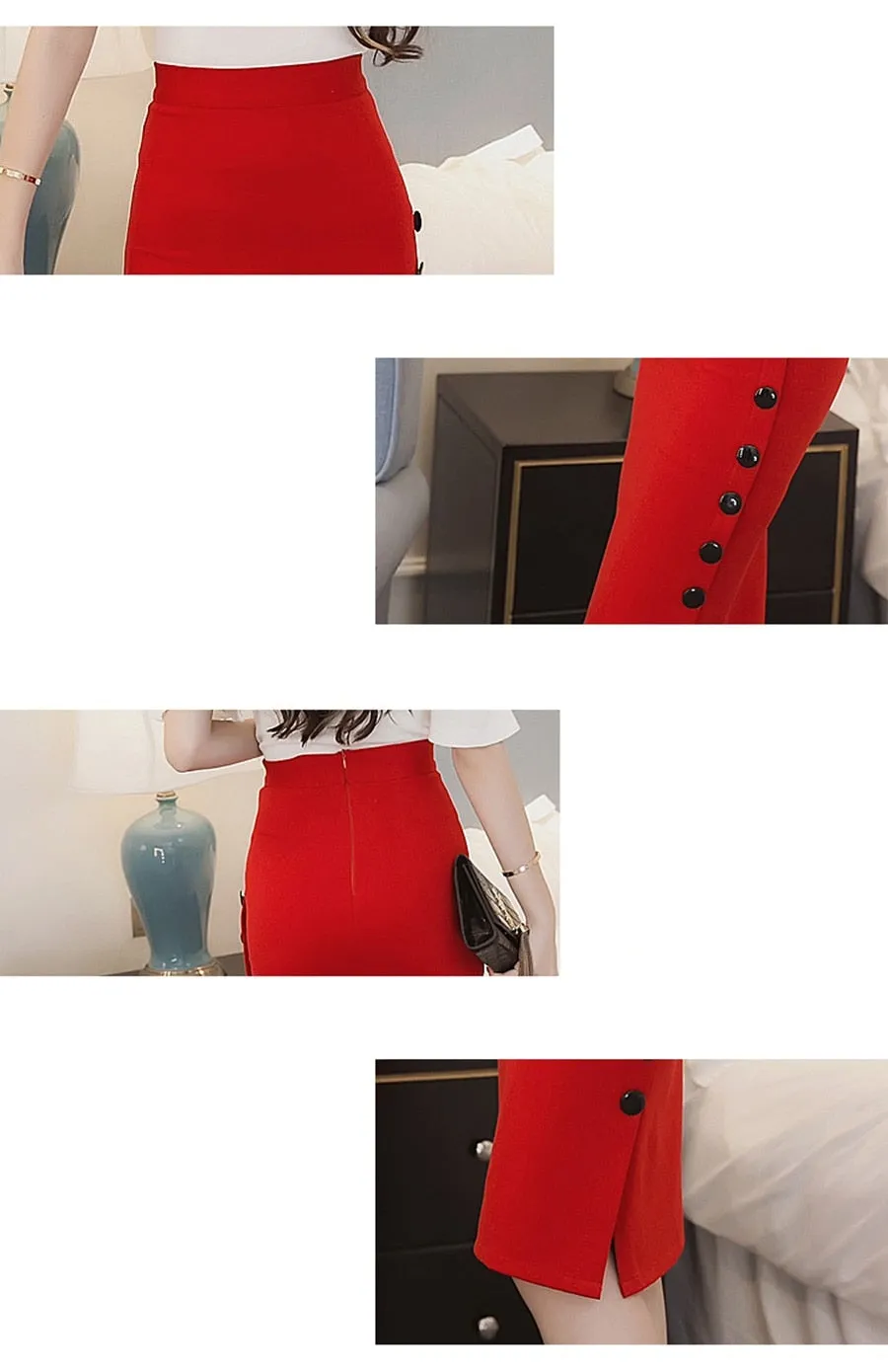 Open Slit Button Pencil Skirt