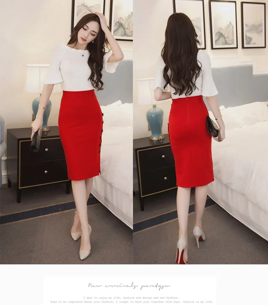 Open Slit Button Pencil Skirt