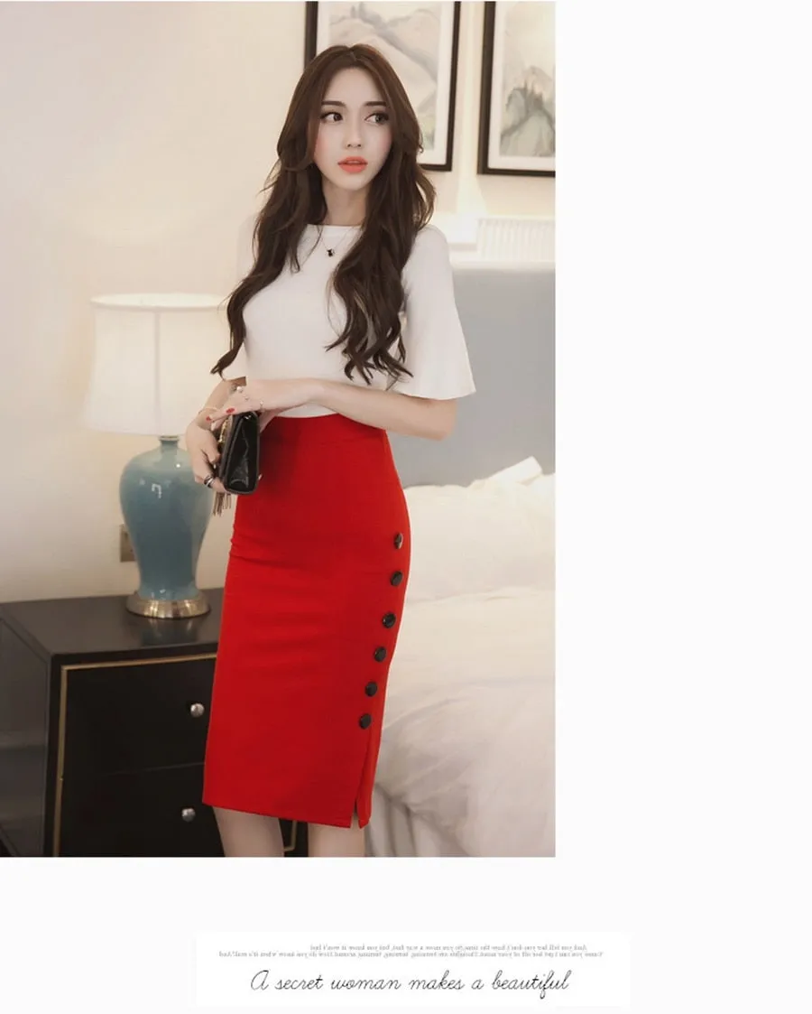 Open Slit Button Pencil Skirt