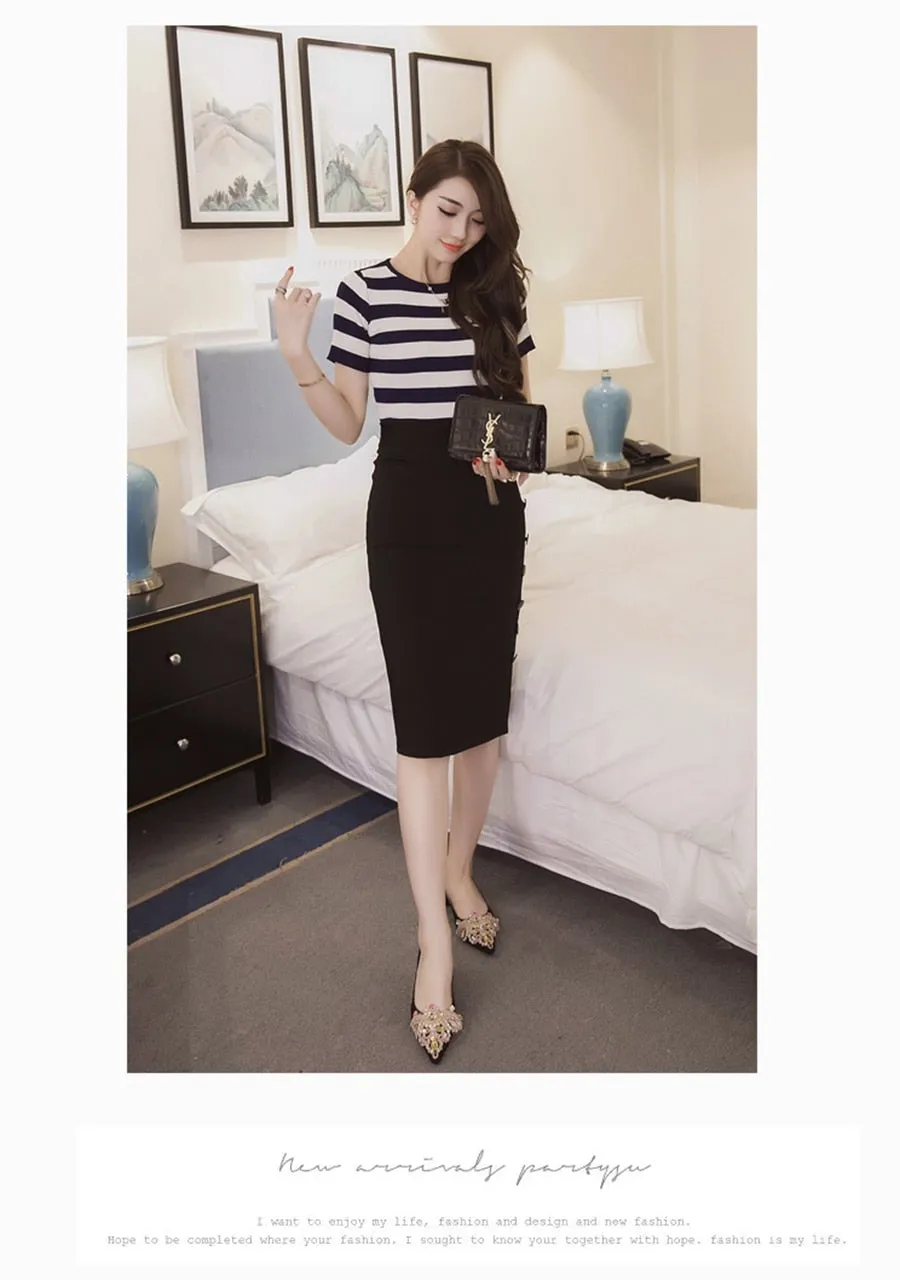 Open Slit Button Pencil Skirt