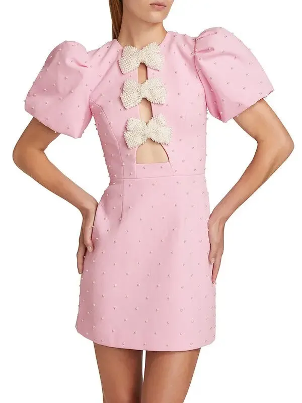 Pearl Bow Puff-Sleeve Mini Dress